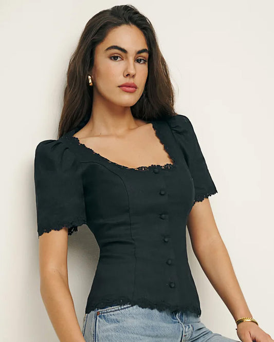 topwear,tops,casual, vacation, outdoor events,minimal, summer,woven,cotton,black,solid,lace,slim fit,fitted,waist length,scalloped hem,square neck,puff sleeves,short sleeves,OY1908, 25060008GG
