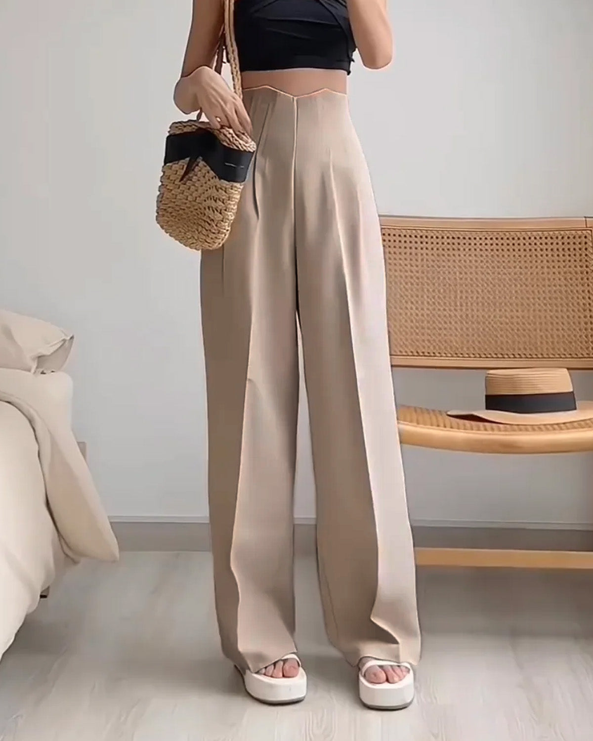 bottomwear,pants,semi-formal,business outfit,stretchable,polyester, spandex,beige,pleated,NA,straight fit,straight,full length,high rise