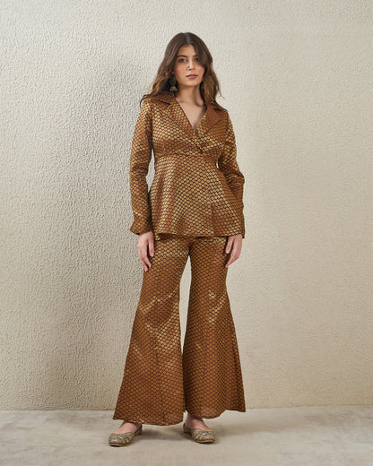 coord sets,bottomwear, topwear,ethnic, party,festive, glam, indo western, minimal, summer,woven,brocade,banarasi brocade,brown,damask,flounce,button,regular fit top,fit and flare,longline top,flared hem,lapel collar,set in sleeve,long sleeves,button up,pants,bell bottom pants,full length,flared hem,mid rise waist, OY2096, 25070055GG
