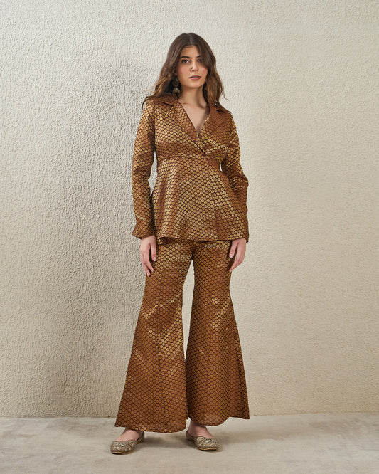 coord sets,bottomwear, topwear,ethnic, party,festive, glam, indo western, minimal, summer,woven,brocade,banarasi brocade,brown,damask,flounce,button,regular fit top,fit and flare,longline top,flared hem,lapel collar,set in sleeve,long sleeves,button up,pants,bell bottom pants,full length,flared hem,mid rise waist, OY2096, 25070055GG