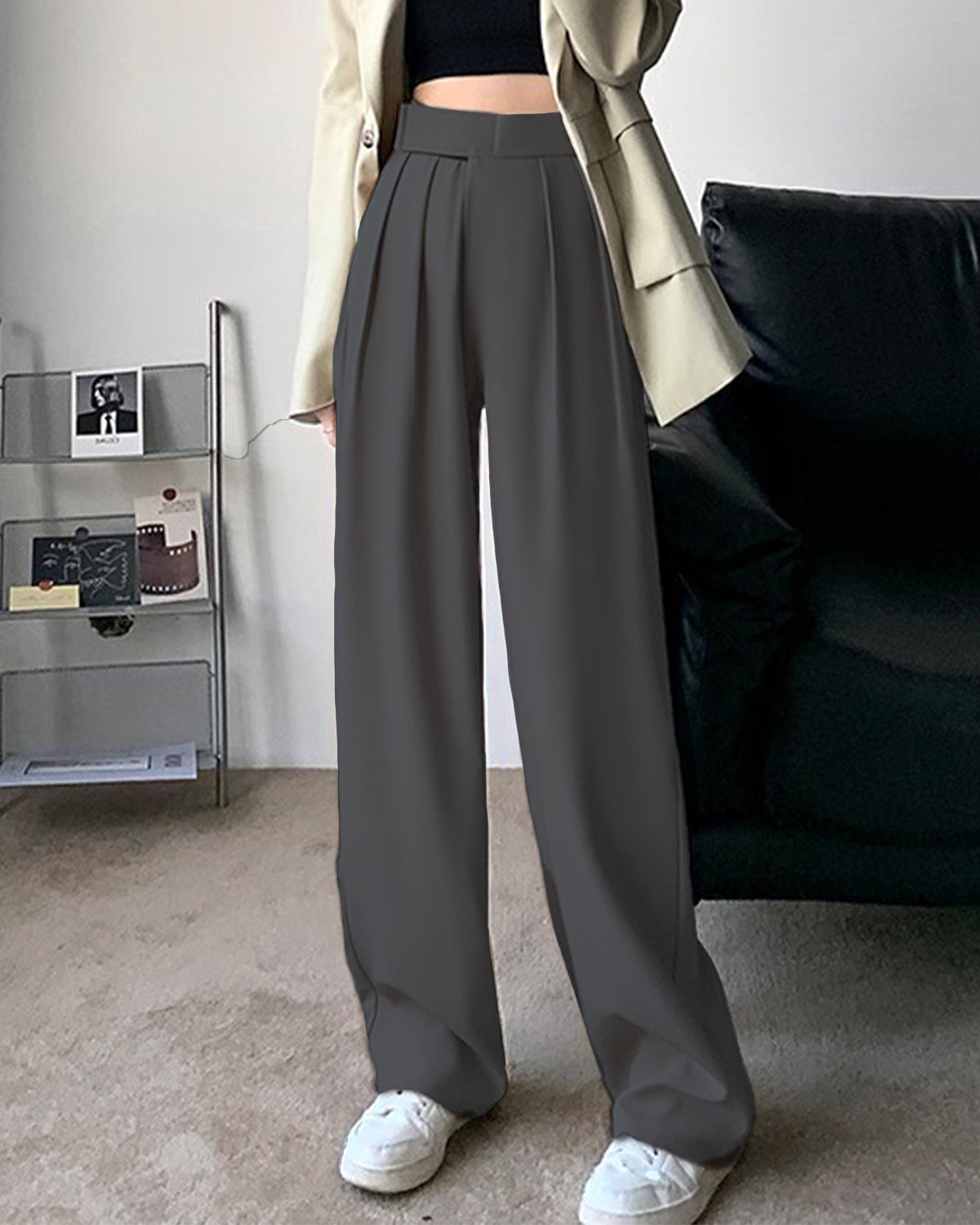 OVERLAP WAISTBAND PLEATED PANTS,Color: Dark Grey
Fabric: 95% poly 5% spandex
Fit: Straight Fit 
Length: Full Length (41")
Waist: High Rise 
Closure: Zip & Hook
No. of Pockets: 2
Print: Solid,pants,bottomwear,pants,semi-formal,workwear,stretchable,polyester, spandex,dark grey,pleated,straight fit,straight,full length,high rise