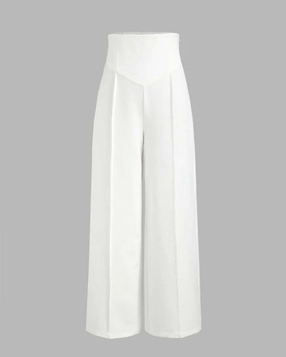 SCULPTED WAIST PLEATED TROUSERS,Color: White
Fabric: 95% poly 5% spandex
Fit: Tailored Fit
Length: Full Length(41")
Waist: High Rise 
Closure: Elasticated
No. of Pockets: 2
Print: Solid
Details: Corset shaped panel in front for a clinched waist look,pants,bottomwear,pants,semi-formal,business outfit,stretchable,polyester, spandex,white,pleated,tailored fit,wide leg,full length,high rise