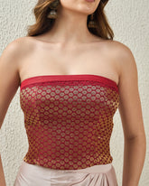 topwear,tops,ethnic, indo-western,bold, ethnic wear, festive wear, indian wear, summer,woven,brocade,brocade,red,floral pattern,criss cross detail,zipper,skinny fit,bandeau,waist length,straight hem,off shoulder,no straps,off shoulder,sleeveless, 25070033GG, OY3003 Red 