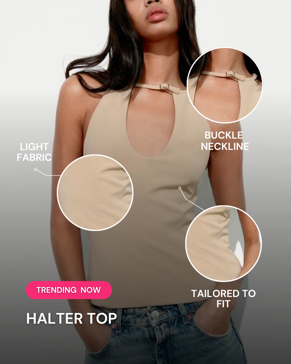 HALTER TOP,beige, belt, buckle, casual, cutout, elastane, fitted, halter neck, knitted, polyester, regular, sleeveless, stretchable, tailored fit, tops, topwear,halter-top-beige,Color- Beige
Fabric- Poly Spandex
Type- Fitted
Fit- Skinny Top
Length- Regular
Neck- Halter
Sleeves- Sleeveless
Trims- Buckle
Details- Cut Out Details with a tab on the chest