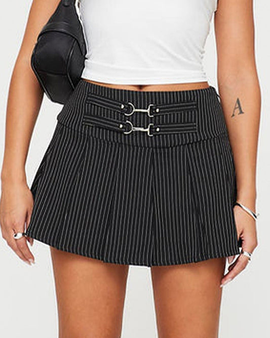bottomwear,skirts,casual, outdoor events,streetwear, urban fit,woven,polycotton,black,pleated,tailored fit,mini skirt,mini,mid rise,PINSTRIPES PLEATED SKIRT,OY1603,25010051GG