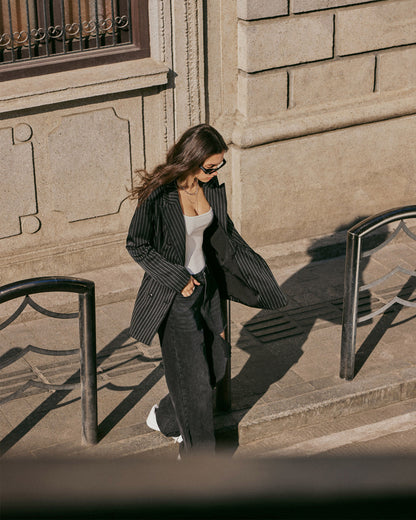 topwear,tops,formal, semi-formal,creative workwear, minimal, summer,woven,polycotton,yarn dyed,black,pinstripes, stripes,pinstripes,button,relaxed fit,blazer,longline,straight hem,notch collar,long sleeves,OY2006, 25060038GG"