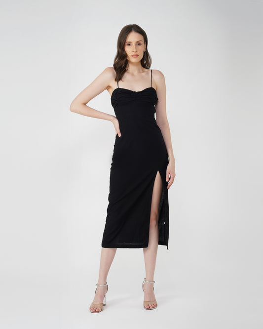 SLIP MIDI DRESS,beach, black, cami neck, casual, cotton, criss cross back, criss cross detail, dresses, midi, ruched, skinny fit, sleeveless, slip, spaghetti strap, summer, woven,slip-midi-dress-black,Color- BlackFabric- CottonType- Slip DressFit- Skinny FitLength- MidiNeck- Sweetheart NeckSleeves- SleevelessStraps- Spaghetti StrapBack- Criss CrossHem- Slit Details- Gathered Neckline