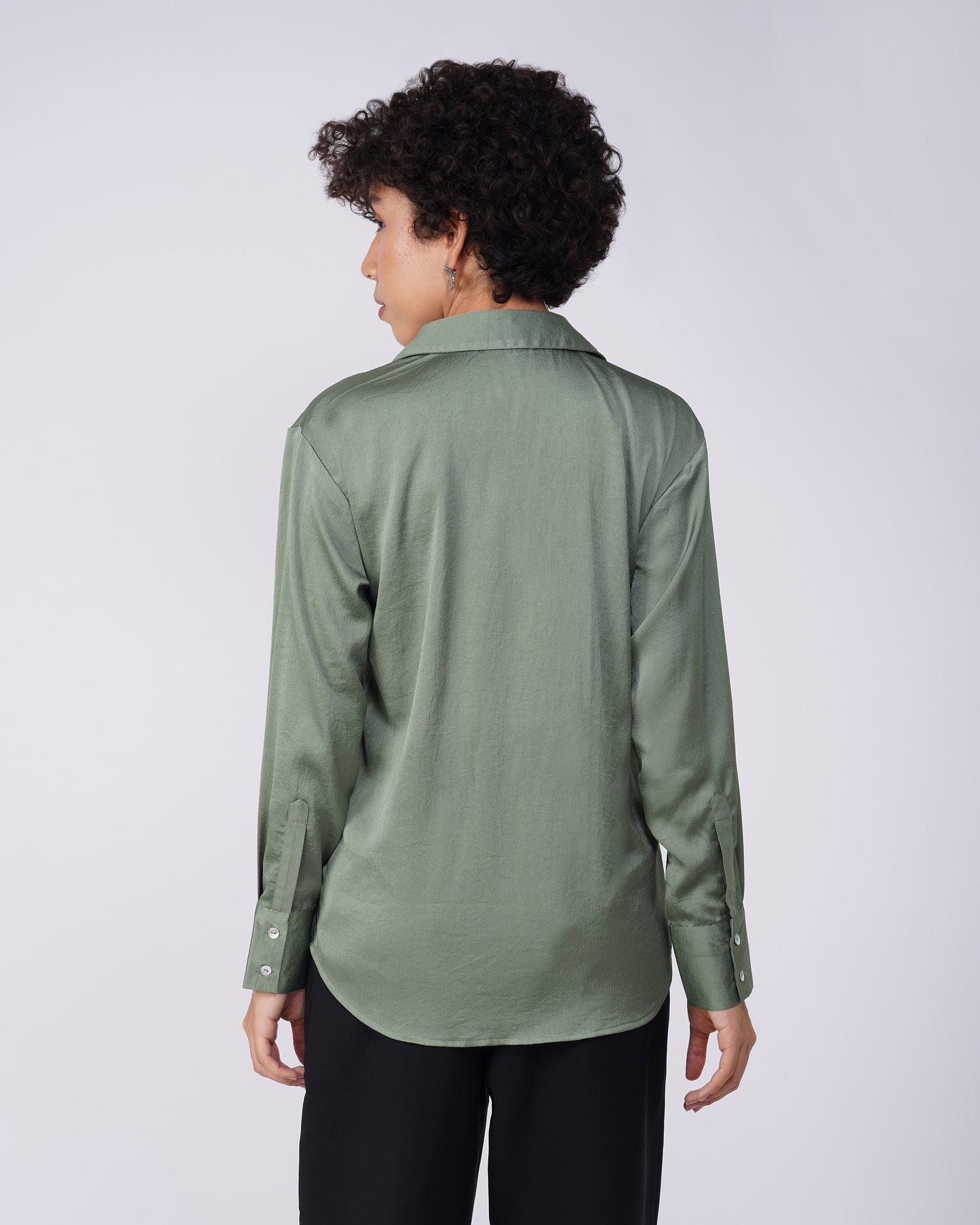 solid-satin-shirt-green,SOLID SATIN SHIRT,topwear,shirts,outdoor events,minimal,woven,satin,green,solid,regular fit,regular,shirt collar,cuff sleeves,long sleeves