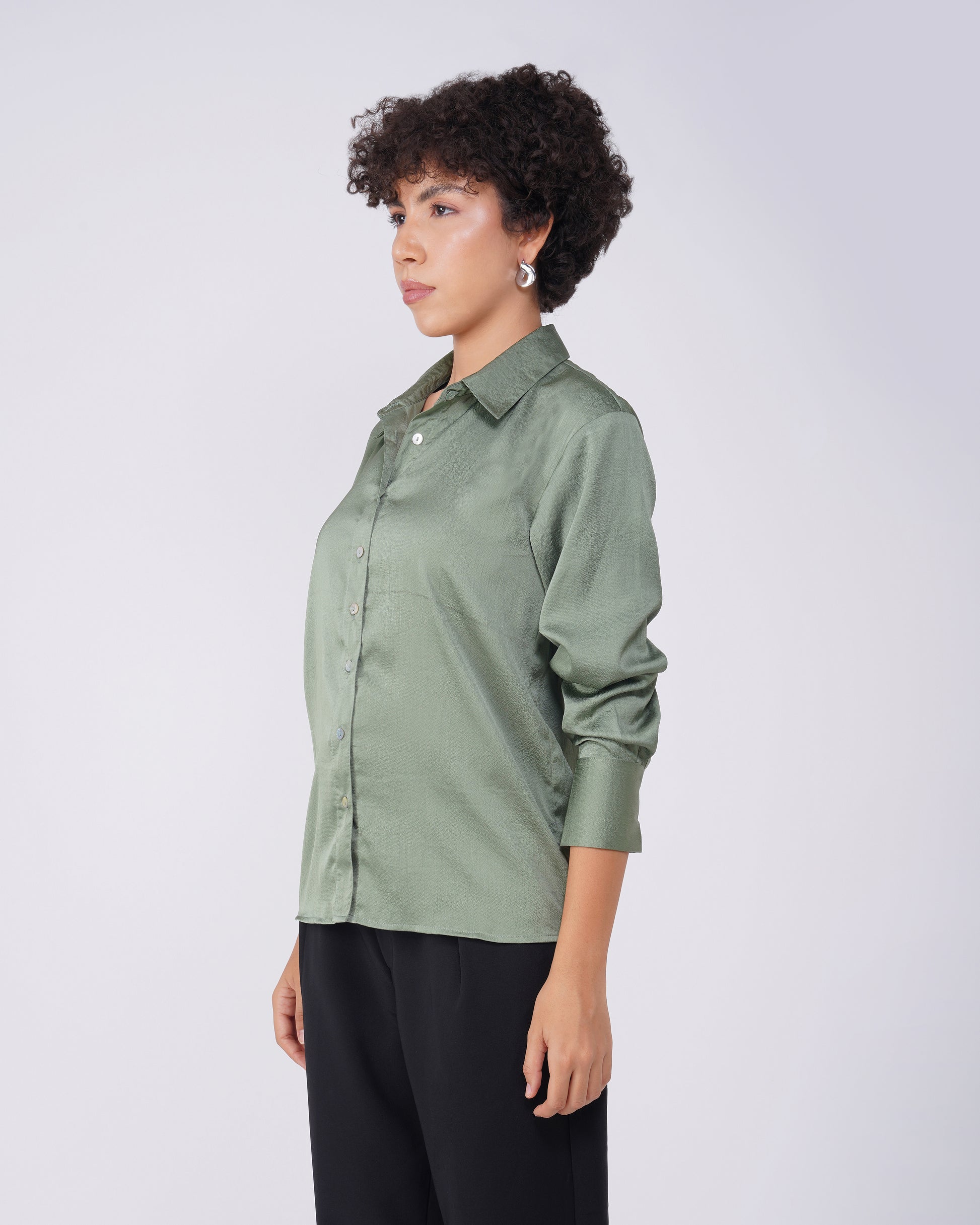 solid-satin-shirt-green,SOLID SATIN SHIRT,topwear,shirts,outdoor events,minimal,woven,satin,green,solid,regular fit,regular,shirt collar,cuff sleeves,long sleeves