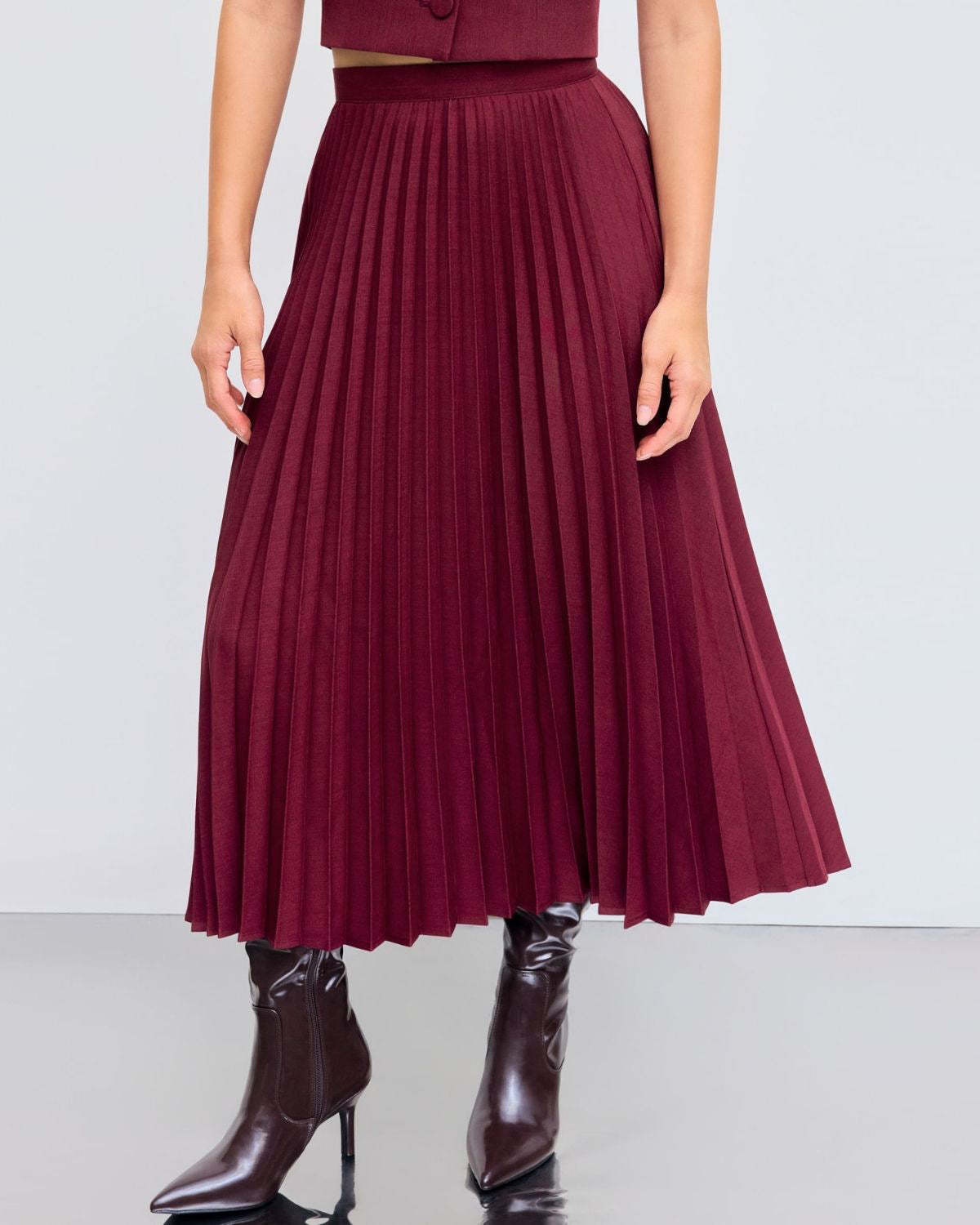 coord sets,bottomwear, topwear,casual chic, formal, semi-formal,minimal, sophisticated, summer, timeless,woven,satin,maroon,solid,pleated,button, zipper,tailored fit top,vest,waist length top,straight hem,lapel collar,no straps,no sleeves,sleeveless,button down top,skirts,pleated skirt,midi skirt,straight hem,mid rise waist,no pockets OY3044, 25070017GG