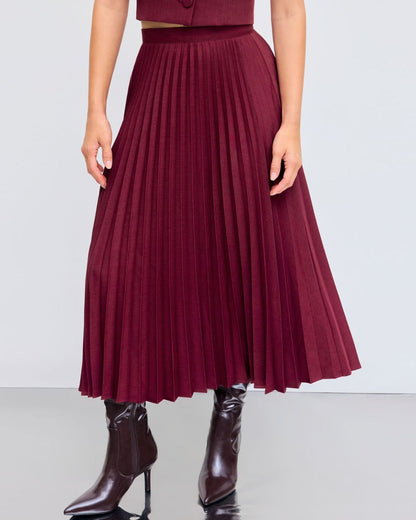 coord sets,bottomwear, topwear,casual chic, formal, semi-formal,minimal, sophisticated, summer, timeless,woven,satin,maroon,solid,pleated,button, zipper,tailored fit top,vest,waist length top,straight hem,lapel collar,no straps,no sleeves,sleeveless,button down top,skirts,pleated skirt,midi skirt,straight hem,mid rise waist,no pockets OY3044, 25070017GG