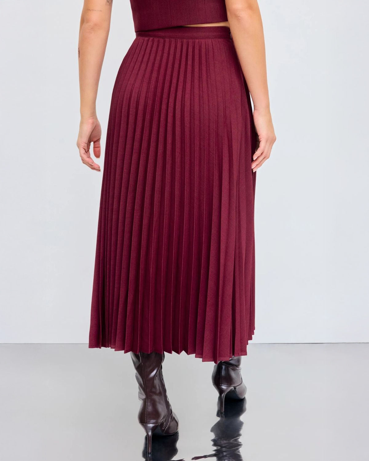 coord sets,bottomwear, topwear,casual chic, formal, semi-formal,minimal, sophisticated, summer, timeless,woven,satin,maroon,solid,pleated,button, zipper,tailored fit top,vest,waist length top,straight hem,lapel collar,no straps,no sleeves,sleeveless,button down top,skirts,pleated skirt,midi skirt,straight hem,mid rise waist,no pockets OY3044, 25070017GG