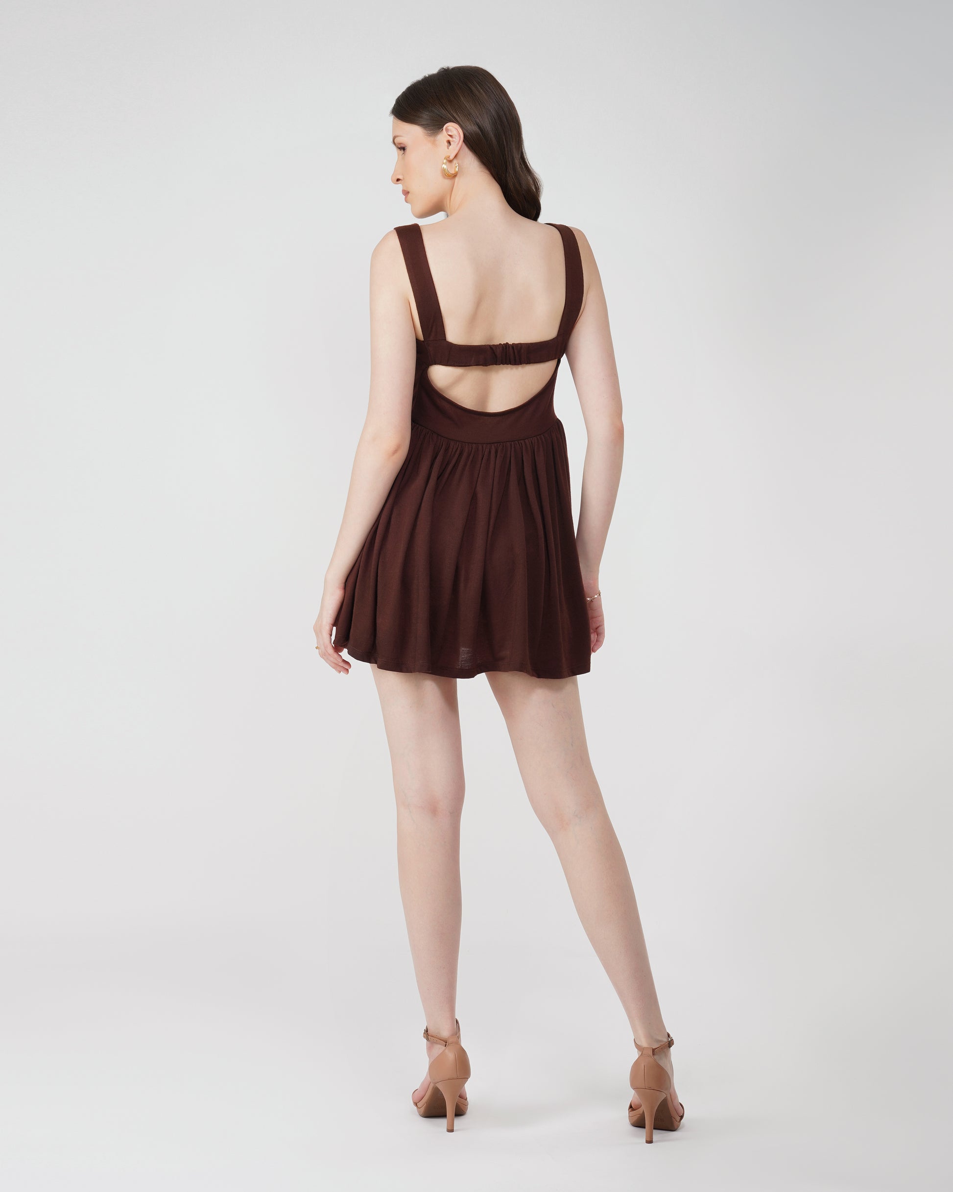 gathered-fit-and-flare-dress-brown,GATHERED FIT AND FLARE DRESS,dresses,dresses,outdoor event,streetwear,knitted,single jersey,brown,solid,gathered,skinny fit,fit and flare,mini,square neck,shoulder strap,sleeveless,cutout back