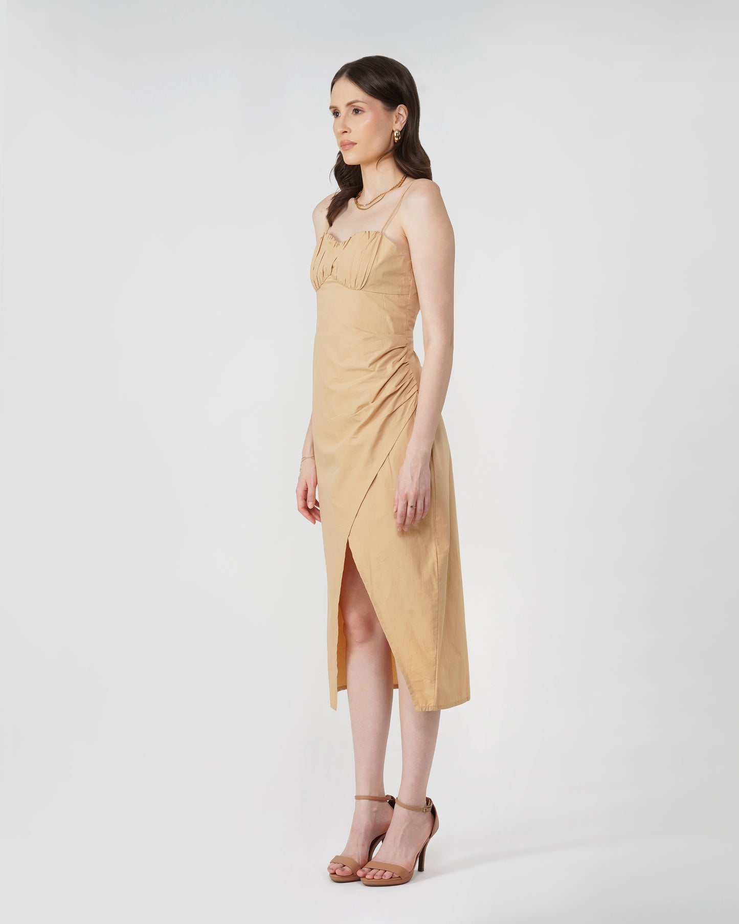 RUCHED MIDI DRESS,beach, beige, cami neck, casual, cotton, criss cross back, criss cross detail, dresses, midi, relaxed fit, ruched, sleeveless, slip, spaghetti strap, summer, woven,ruched-midi-dress-beige,Color- BeigeFabric- Cotton Type- Slip DressFit- Regular SlitLength- MidiNeck- Cami Neck  Sleeves- SleevelessStraps- Spaghetti Back- Criss Cross DetailsHem- Slit HemDetails- Ruched Waist &amp; bust, criss cross back