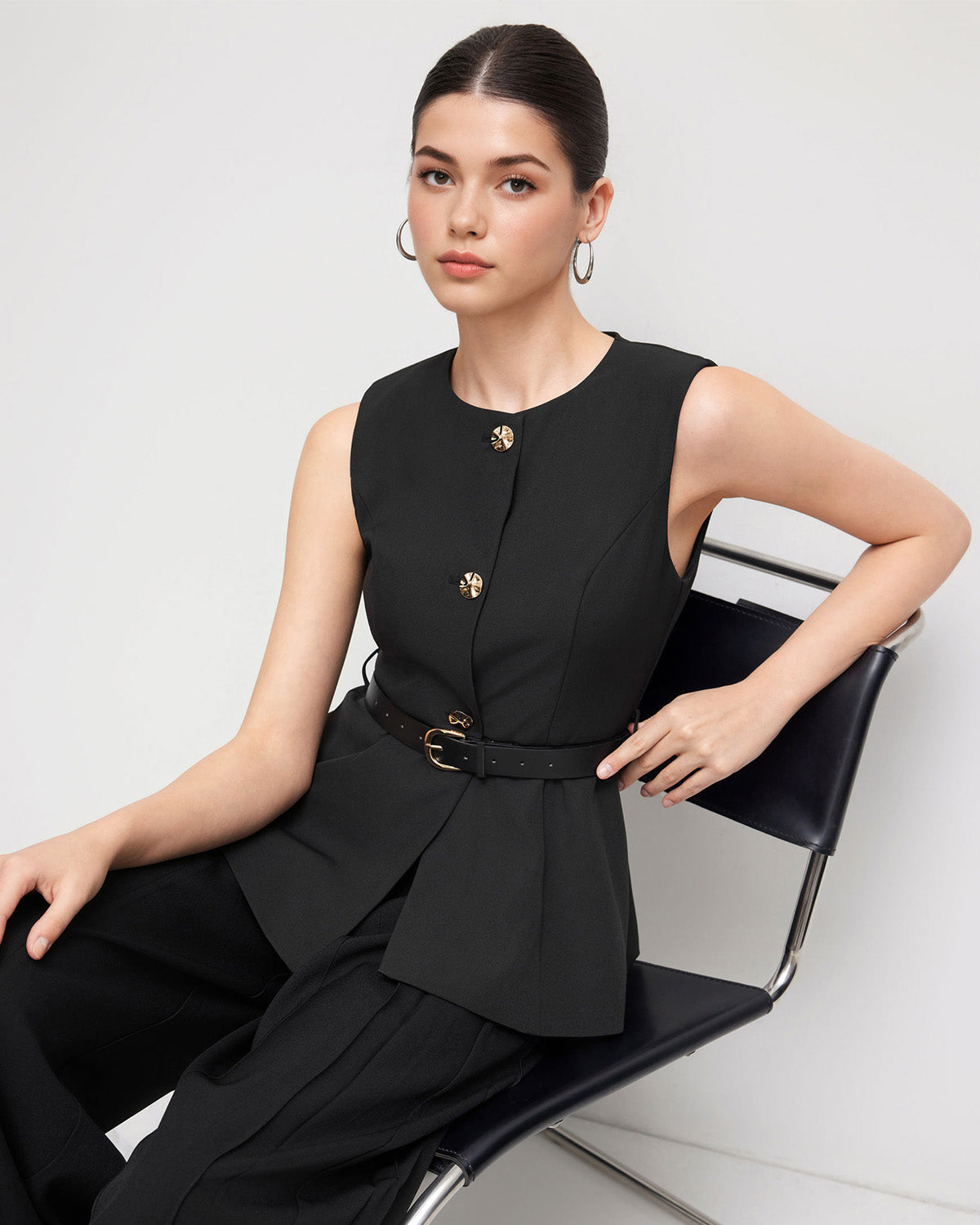 topwear,tops,semi-formal, events,gen z, millenial, minimal, summer,woven,polyester, spandex,black,solid,panelling,button,tailored fit,vest,longline,straight hem,crew neck,no straps,no sleeves,sleeveless	OY3137, 25090003GG