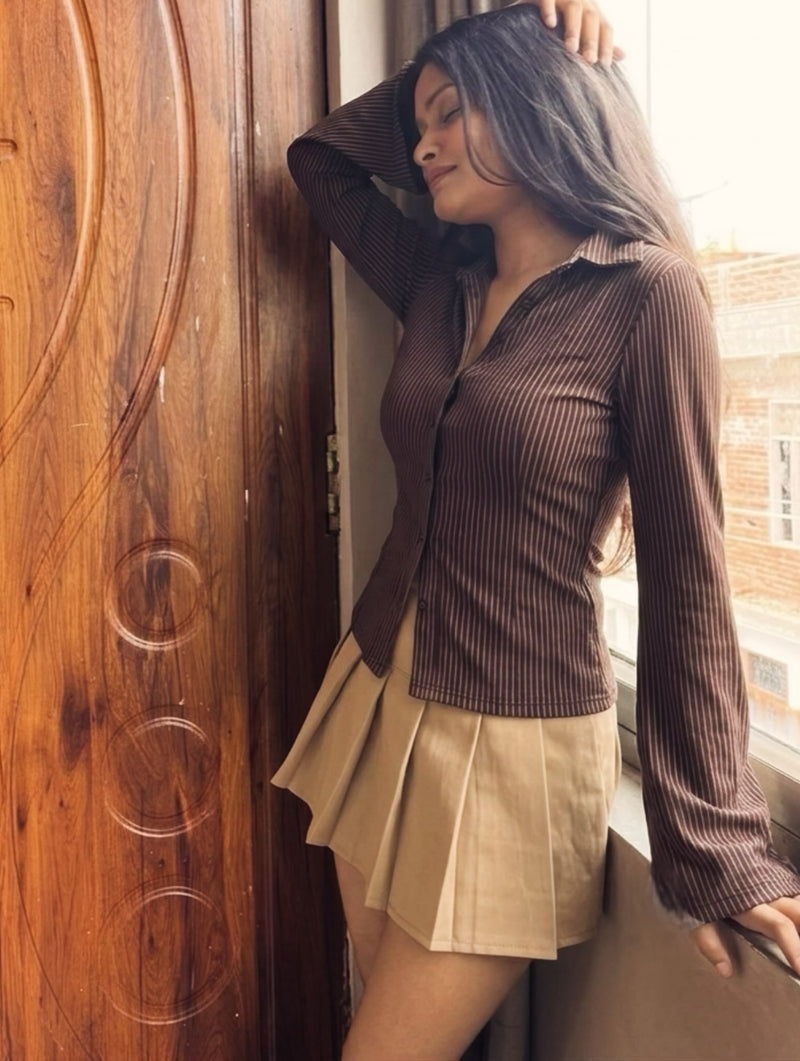 Flared Sleeves Pinstripes Shirt - Brown