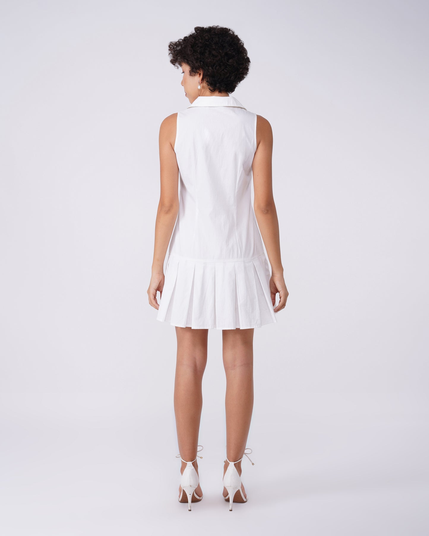 tailored-a-line-dress,TAILORED A-LINE DRESS,dresses,dresses,outdoor event,streetwear,woven,poplin,white,solid,pleated,regular fit,a line,mini,collared,sleeveless,