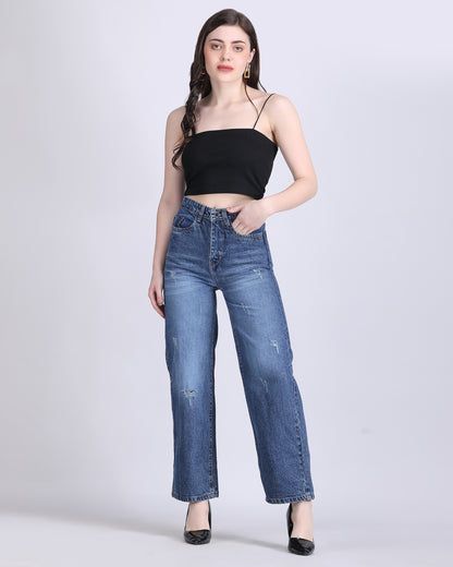 BLUE RUGGED JEANS,blue, bottomwear, dark blue, denim, high rise, high waist, jeans, navy blue, ripped, rugged, straight fit, washed effect, washed jeans, whiskers, wide leg,straight-blue-rugged-jeans,Length - Full Length Waist - High Waist Fit - Wide Leg Fit Color - Denim Blue No. of Pockets - 4 Closure - Zip &amp; Buttons