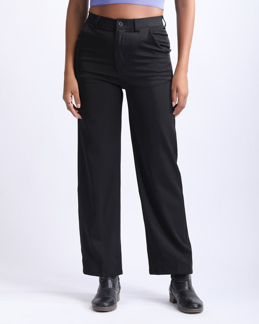 HIGH WAIST STRAIGHT FIT PANTS,black, bottomwear, cream, full length, high rise, high waist, pants, pleated, straight fit, trousers, wide leg,straight-fit-solid-pants-black,Length - Full length Waist - High-rise waist Fit - Straight fit Color - Black No. of Pockets - 2Material - Polyester Length - 39-41 inch Closure - Zip &amp; button