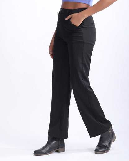 HIGH WAIST STRAIGHT FIT PANTS,black, bottomwear, cream, full length, high rise, high waist, pants, pleated, straight fit, trousers, wide leg,straight-fit-solid-pants-black,Length - Full length Waist - High-rise waist Fit - Straight fit Color - Black No. of Pockets - 2Material - Polyester Length - 39-41 inch Closure - Zip &amp; button