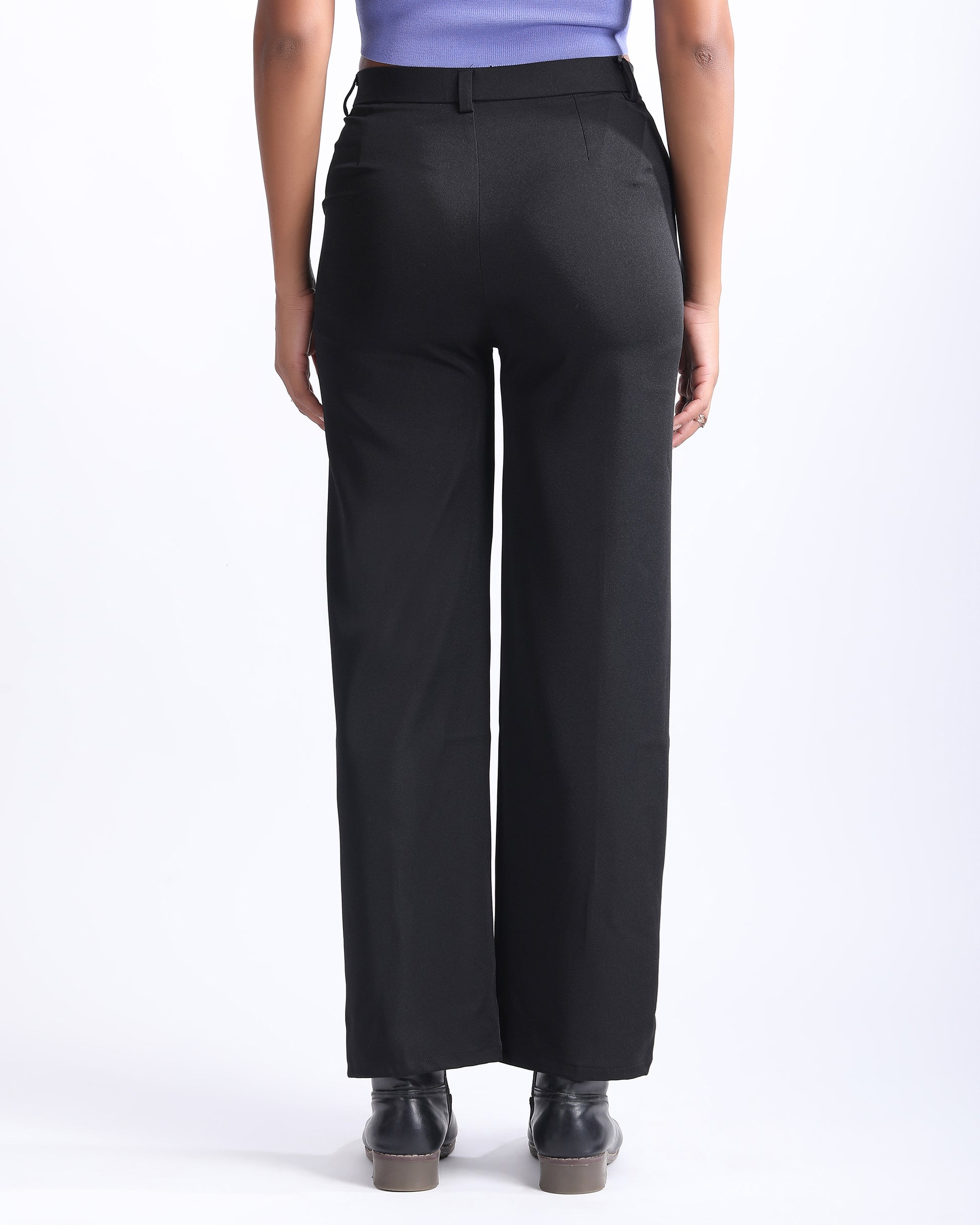 HIGH WAIST STRAIGHT FIT PANTS,black, bottomwear, cream, full length, high rise, high waist, pants, pleated, straight fit, trousers, wide leg,straight-fit-solid-pants-black,Length - Full length Waist - High-rise waist Fit - Straight fit Color - Black No. of Pockets - 2Material - Polyester Length - 39-41 inch Closure - Zip &amp; button