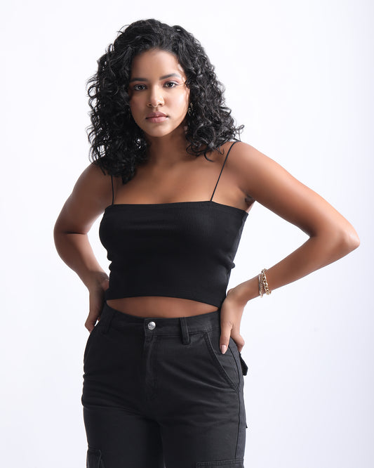 SPAGHETTI STRAP RIBBED CROP TOP,black, bodycon, camisoles, crop, knitted, ribbed, sleeveless, slim fit, spaghetti straps, stretchable, tank tops, tops, topwear,crop-ribbed-top-sleeveless-black,Neck - Cami neckSleeve - SleevelessFit - Slim fitPrint/Pattern - SolidColor - BlackMaterial - Stretch Ribbed Fabric