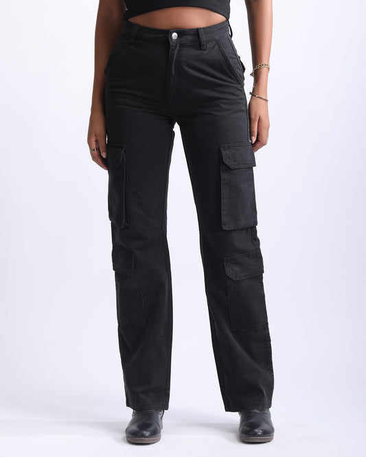 STRAIGHT FIT CARGO,black, bottomwear, cargos, cotton, full length, mid rise waist, straight fit, utility pocket,cargo-straight-fit-trouser-black,Length - Full lengthWaist - Mid-rise waistFit - Straight fitColor - BlackNo. of Pockets - 8Material - Cotton twillLength - 42 inchClosure - Zip &amp; button Detail - Utility-pocket