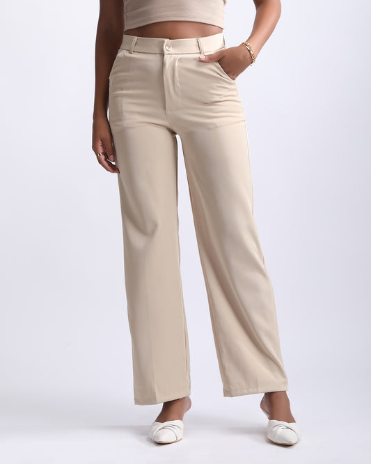 HIGH WAIST STRAIGHT FIT PANTS,beige, bottomwear, cream, full length, high rise, high waist, pants, pleated, straight fit, trousers, wide leg,straight-fit-solid-pants-beige,Length - Full length Waist - High-rise waist Fit - Straight fit Color - CreamNo. of Pockets - 2Material - Polyester Length - 39-41 inch Closure - Zip &amp; button