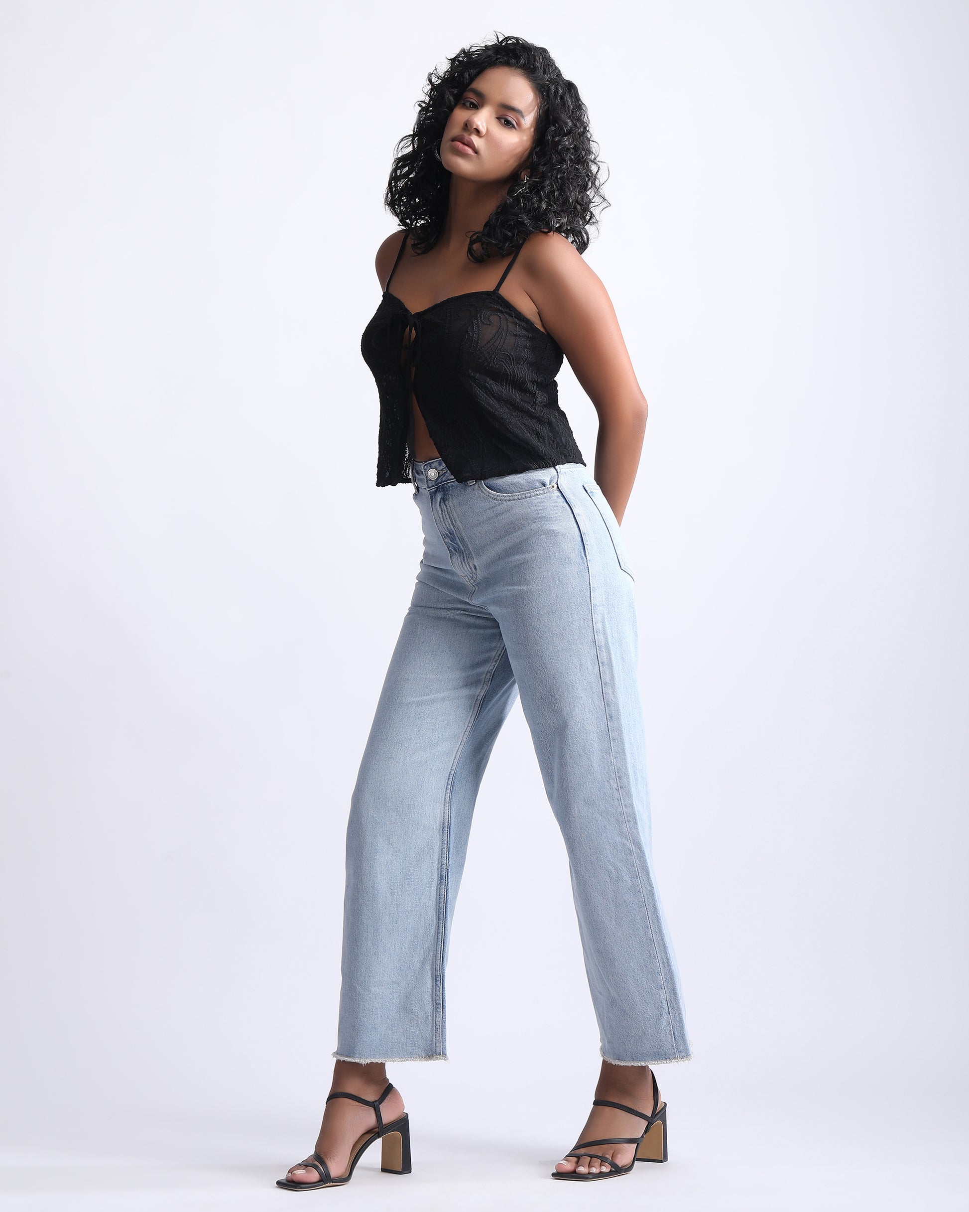 WIDE LEG BLUE JEANS,blue, bottomwear, denim, frayed hem, full length, high rise, high waist, icy blue, jeans, light blue, washed jeans, wide leg,wide-leg-blue-jeans,Length - Full length Waist - High-rise waist Fit - Wide leg fit Color - BlueNo. of Pockets - 4Material - DenimLength - 40 inchClosure - Zip &amp; buttonDetail - Washed effect