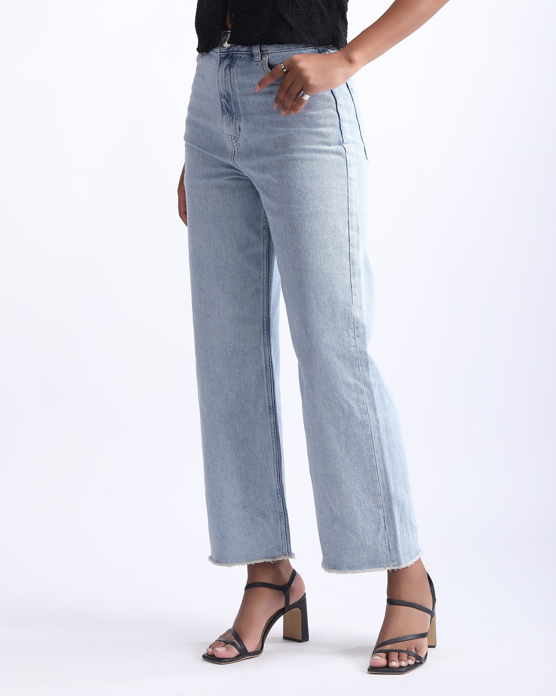 WIDE LEG BLUE JEANS,blue, bottomwear, denim, frayed hem, full length, high rise, high waist, icy blue, jeans, light blue, washed jeans, wide leg,wide-leg-blue-jeans,Length - Full length Waist - High-rise waist Fit - Wide leg fit Color - BlueNo. of Pockets - 4Material - DenimLength - 40 inchClosure - Zip &amp; buttonDetail - Washed effect