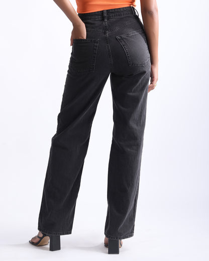 ASH BLACK WIDE LEG JEANS,ash black, black, bottomwear, full length, high rise, high waist, jeans, straight fit, wide leg,wide-leg-jeans-ash-black-solid,Length- Full length Waist- High waist Fit- Wide leg fitColor- Ash blackNo. of pockets- 4 Closure- Zip &amp; buttons