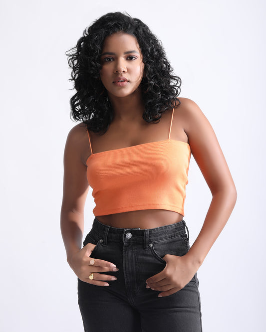 SPAGHETTI STRAP RIBBED CROP TOP,bodycon, camisoles, crop, knitted, orange, ribbed, sleeveless, slim fit, spaghetti straps, stretchable, tank tops, tops, topwear,crop-ribbed-top-sleeveless-orange,Neck - Cami neckSleeve - SleevelessFit - Slim fitPrint/Pattern - SolidColor - OrangeMaterial - Stretch Ribbed Fabric