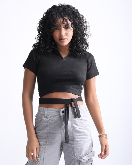 TIE KNOT RIBBED CROP TOP,black, collared, crop, knitted, regular fit, ribbed, short sleeves, stretchable, tie knot, tops, topwear,crop-ribbed-top,Neck - Spread collar
 Sleeve - Short sleeves
 Fit - Regular fit
 Print/Pattern - Ribbed
 Color - Black
 Material - Stretch rib fabric