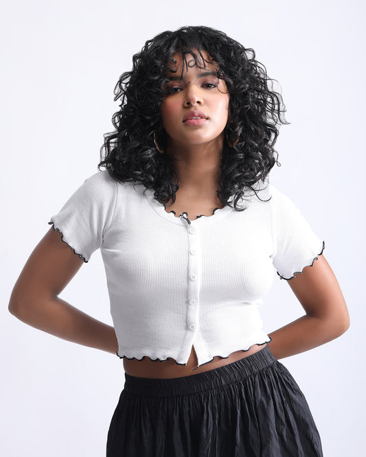 RIBBED BUTTON UP CROP TOP,button up, crop, knitted, regular fit, ribbed, round neck, short sleeves, stretchable, tops, topwear, white,crop-ribbed-button-up-black-top,Neck - Round neckSleeve - Short sleevesFit - Regular fitPrint/Pattern - RibbedColor - WhiteMaterial - Stretch Rib fabric