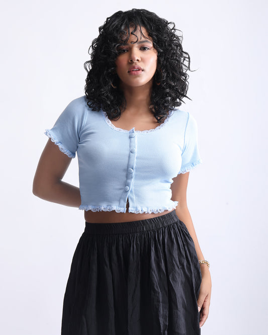 RIBBED LACED CROP TOP,blue, button up, crop, icy blue, knitted, lace, light blue, regular fit, ribbed, round neck, short sleeves, stretchable, tops, topwear,crop-ribbed-laced-top-skyblue,Neck - Round neckSleeve - Short sleevesFit - Regular fitPrint/Pattern - RibbedColor - BlueMaterial - Stretch rib fabricDetail - Lace work