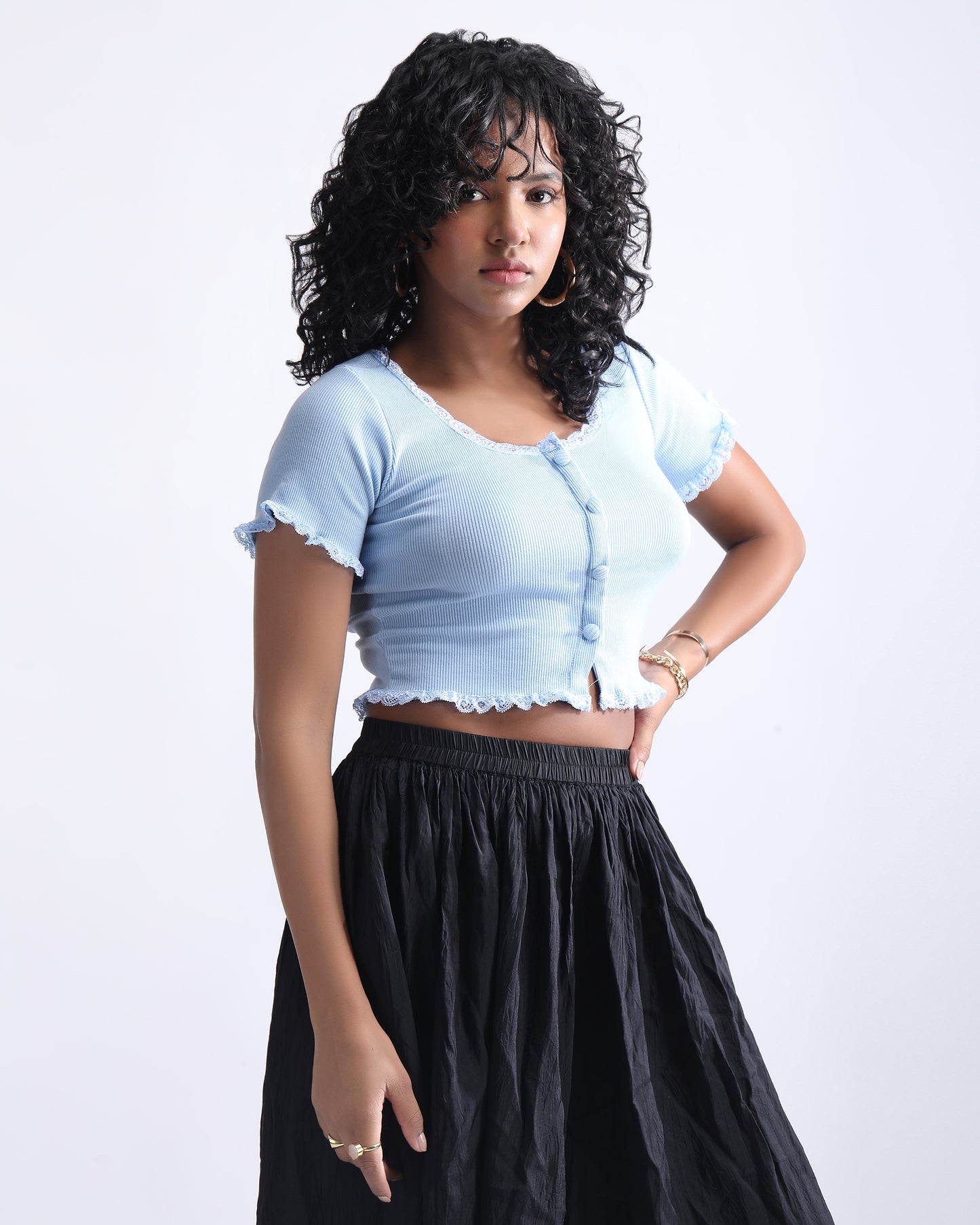 RIBBED LACED CROP TOP,blue, button up, crop, icy blue, knitted, lace, light blue, regular fit, ribbed, round neck, short sleeves, stretchable, tops, topwear,crop-ribbed-laced-top-skyblue,Neck - Round neckSleeve - Short sleevesFit - Regular fitPrint/Pattern - RibbedColor - BlueMaterial - Stretch rib fabricDetail - Lace work