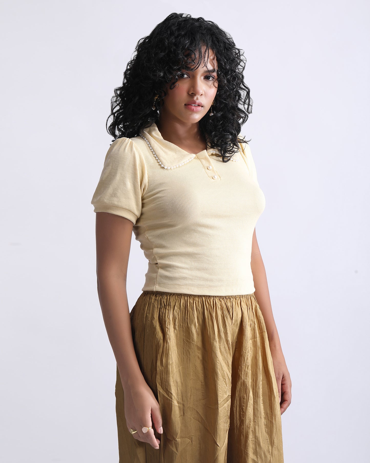 BEADED COLLARED TOP,beaded, beige, collared, crop, peter pan collar, relaxed fit, short sleeves, top, topwear,beaded-relaxed-fit-top-beige,Neck - Collared neckSleeve - Short sleevesFit - Relaxed fitPrint/Pattern - SolidColor - BeigeMaterial - RibbedDetail - Beaded neck detail
