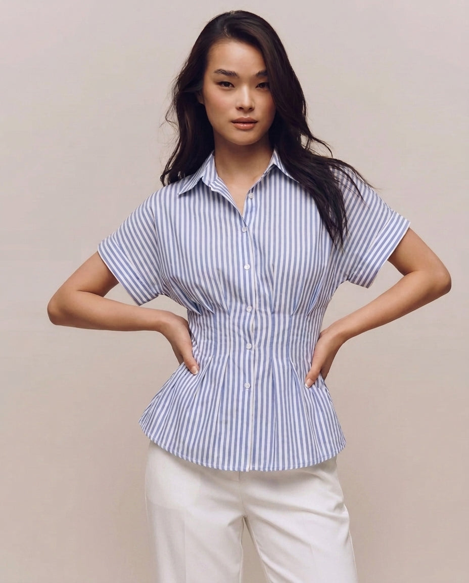 Blue Cinched Waist Striped Shirt