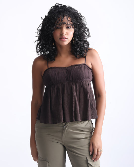 PEPLUM CRINKLED TOP,brown, cotton, crinkled, crop, off white, peplum, regular fit, ruched, ruched waist, shoulder strap, spaghetti straps, sweetheart neck, tank tops, textured, tops, topwear, white,peplum-crinkled-top-brown,Neck - Sweetheart neckSleeve - Shoulder strap Fit - Regular fitPrint/Pattern - Solid Color - BrownType - Peplum Material - Cotton Detail - Crinkled fabric