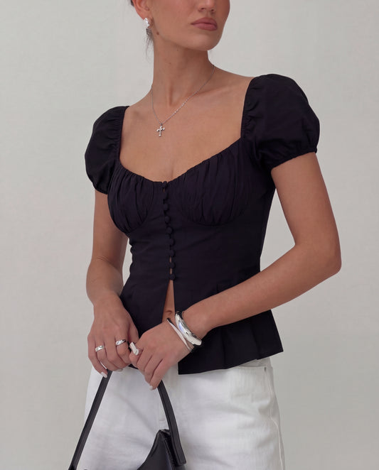 Black Button Up  Ruched Peplum Top