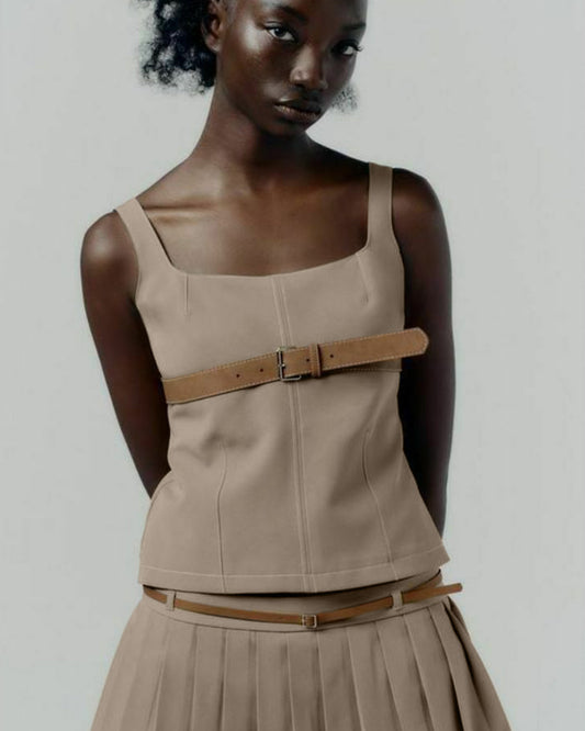 topwear,tops,semi-formal, outdoor events,creative workwear, minimal, sophisticated,stretchable,polyester, spandex,beige,solid,contrast,buckle, button, belt,tailored fit,fitted,waist length,square neck,shoulder strap,sleeveless,25010067GG, OY1712