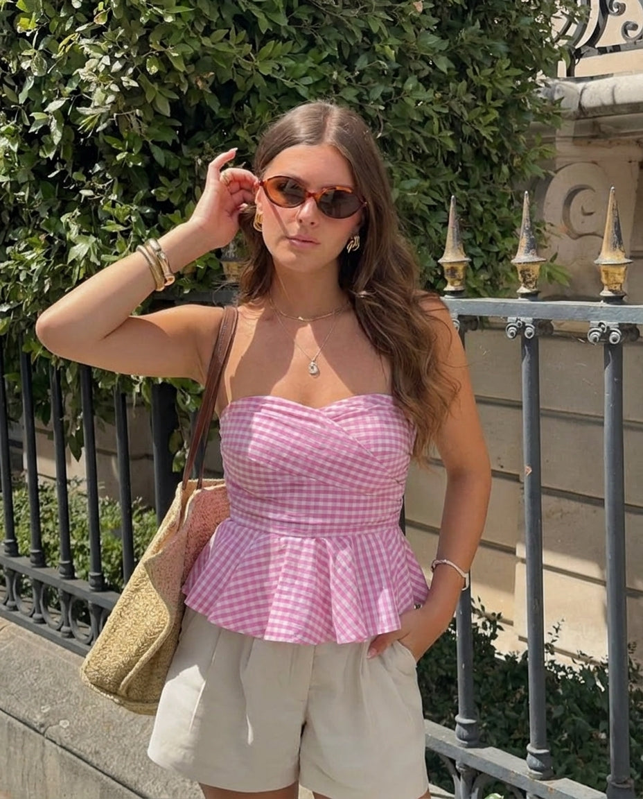 Pink Gingham Stripes Bandeau Top