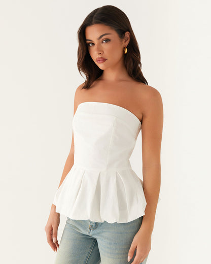 topwear,tops,casual, vacation, outdoor events,bold, glam, minimal, summer,woven,cotton,white,solid,pleated,skinny fit,balloon top,waist length,bubble hem,off shoulder,sleeveless, OY1913, 25060016GG