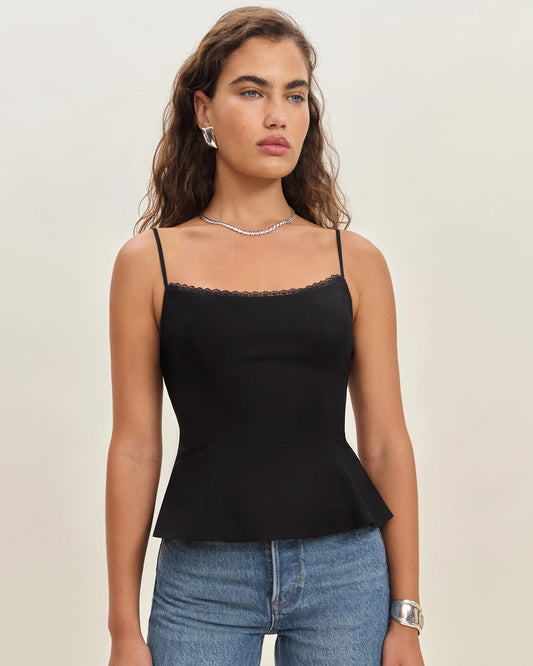 topwear,tops,casual, outdoor events,minimal, soft girl, summer,woven,cotton,black,solid,lace,slim fit,fit and flare,waist length,straight hem,square neck,spaghetti strap,sleeveless, OY1922, 25060027GG