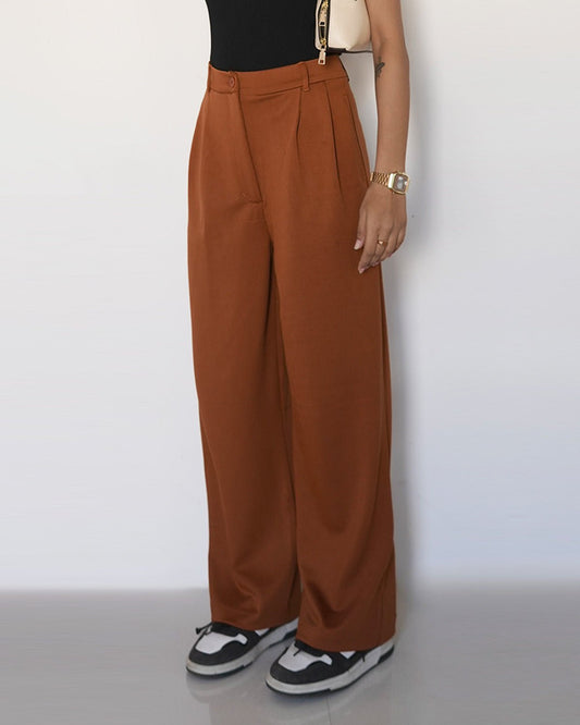 bottomwear,pants,semi-formal,workwear,stretchable,polyester, spandex,,rust,pleated,,relaxed fit,wide leg,full length,,high rise