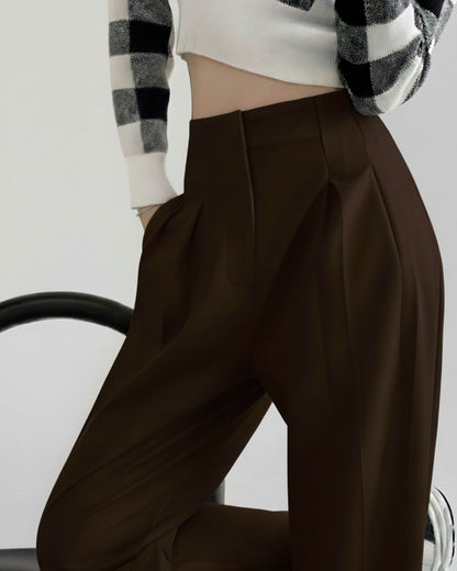 bottomwear,trousers,semi-formal,workwear,stretchable,polyester, spandex,dark brown,pleated,relaxed fit,wide leg,full length,high rise, 25090078GG, oy963