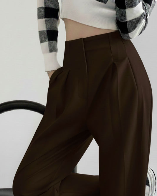 bottomwear,trousers,semi-formal,workwear,stretchable,polyester, spandex,dark brown,pleated,relaxed fit,wide leg,full length,high rise, 25090078GG, oy963