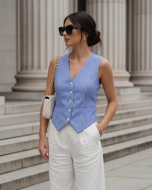 topwear,waist coat,semi-formal,creative workwear,woven,polycotton,blue,pinstripe,regular fit,regular,v-neck,sleeveless