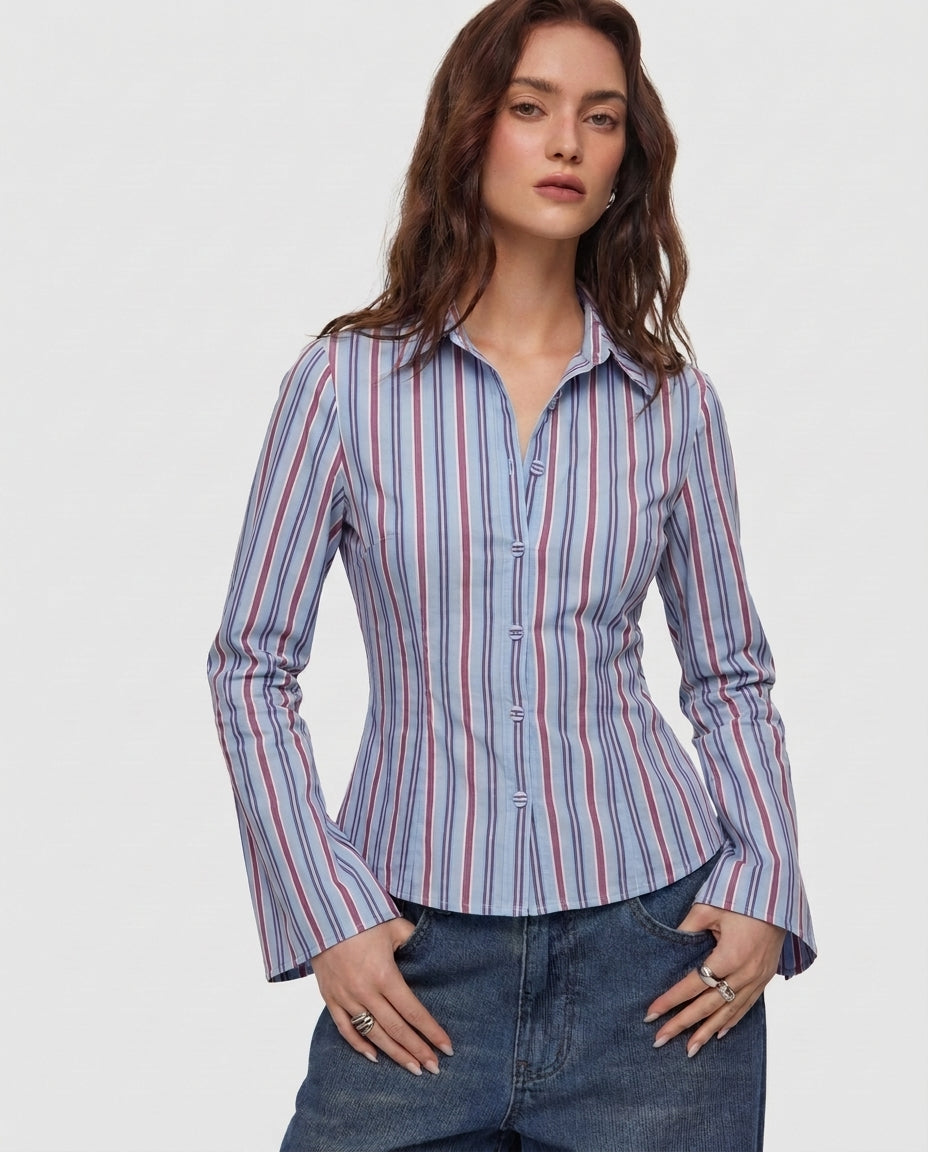 Striped Flared Sleeve Fitted Sleeve Shirt