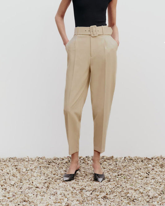 BELTED TAPERED PANTS,beige, bottomwear, formal, full length, high rise, pants, polyester, summer, tailored fit, tapered, woven,straight-fit-trouser-with-belt-cream,Length - Full length Waist - High-rise waist Fit - Straight fit Color - CreamNo. of Pockets - 2Material - Polyester Length - 43 inch Closure - Zip &amp; hook Detail - Trouser with belt and false welt back pocket